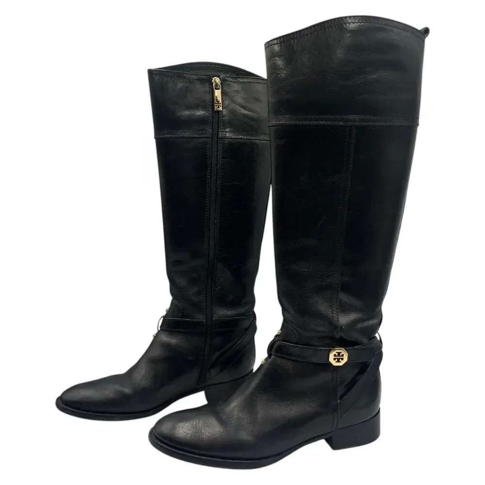 Tory Burch Brita Leather Tall Knee High Riding Boots Black Size 7.5M